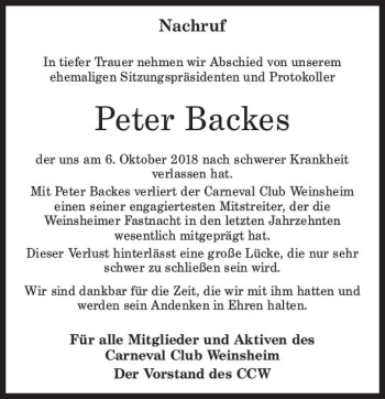 Traueranzeige von Peter Backes von vrm-trauer