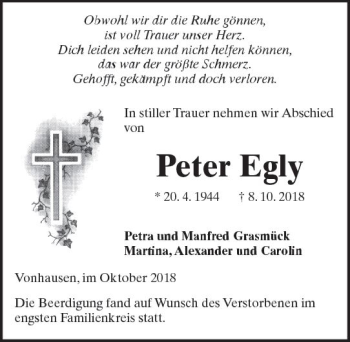 Traueranzeige von Peter Egly von  Kreisanzeiger