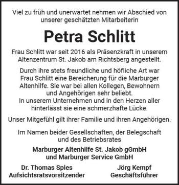 Traueranzeige von Petra Schlitt von  Kreisanzeiger