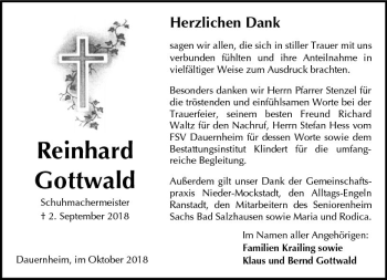 Traueranzeige von Reinhard Gottwald von  Kreisanzeiger