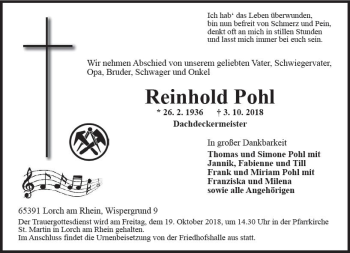 Traueranzeige von Reinhold Pohl von vrm-trauer