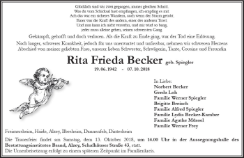 Traueranzeige von Rita Frieda Becker von vrm-trauer