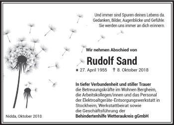 Traueranzeige von Rudolf Sand von  Kreisanzeiger