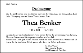 Traueranzeige von Thea Benker von vrm-trauer