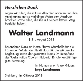 Traueranzeige von Walter Landmann von  Kreisanzeiger