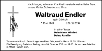 Traueranzeige von Waltraud Endler von vrm-trauer