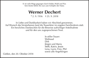 Traueranzeige von Werner Dechert von  Gießener Anzeiger