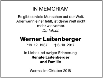 Traueranzeige von Werner Laitenberger von vrm-trauer