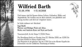 Traueranzeige von Wilfried Barth von vrm-trauer