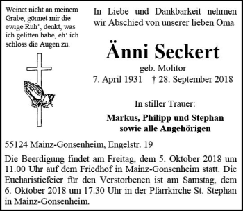 Traueranzeige von Änni Seckert von vrm-trauer