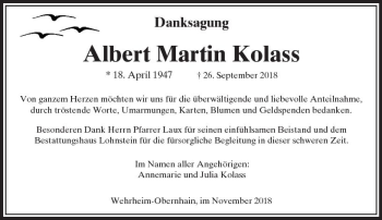 Traueranzeige von Albert Martin Kolass von  Usinger Anzeiger