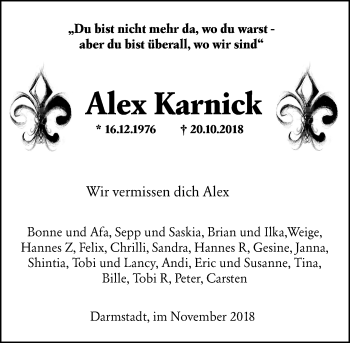 Traueranzeige von Alex Karnick von vrm-trauer