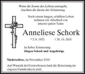 Traueranzeige von Anneliese Schork von  Camberger Anzeiger