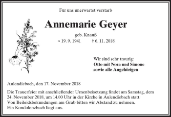 Traueranzeige von Annemarie Geyer von  Kreisanzeiger