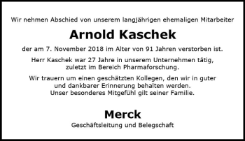 Traueranzeige von Arnold Kaschek von vrm-trauer