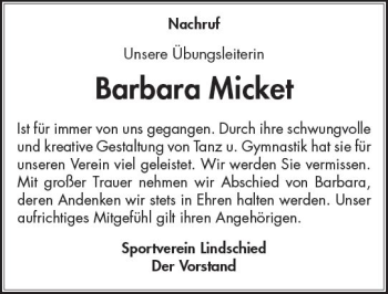 Traueranzeige von Barbara Micket von vrm-trauer
