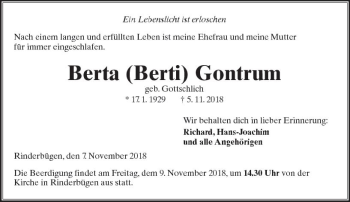 Traueranzeige von Berta Berti Gontrtun von  Kreisanzeiger