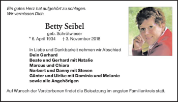 Traueranzeige von Betty Seibel von vrm-trauer