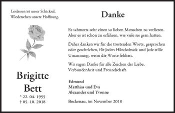 Traueranzeige von Brigitte Bett von vrm-trauer