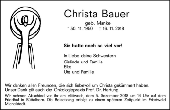 Traueranzeige von Christa Bauer von vrm-trauer