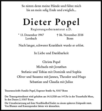 Traueranzeige von Dieter Popel von vrm-trauer