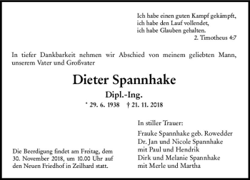 Traueranzeige von Dieter Spannhake von vrm-trauer