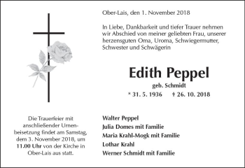 Traueranzeige von Edith Peppel von  Kreisanzeiger