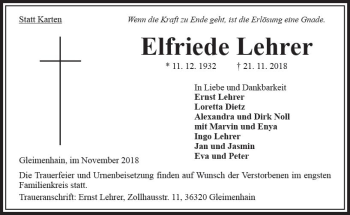 Traueranzeige von Elfriede Lehrer von VRM Trauer