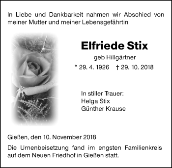 Traueranzeige von Elfriede Stix von  Gießener Anzeiger