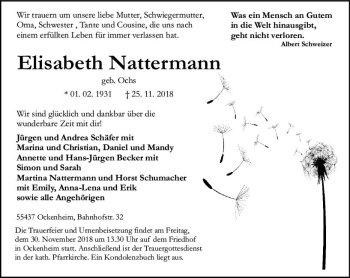 Traueranzeige von Elisabeth Nattermann von vrm-trauer