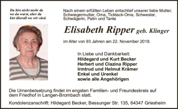 Traueranzeige von Elisabeth Ripper von vrm-trauer