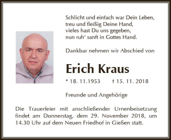 Traueranzeige von Erich Kraus von  Gießener Anzeiger
