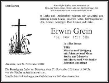 Traueranzeige von Erwin Grein von VRM Trauer