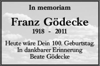Traueranzeige von Franz Gödecke von vrm-trauer