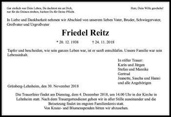 Traueranzeige von Friedel Reitz von  Gießener Anzeiger