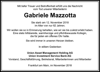 Traueranzeige von Gabriele Mazzotta von  Usinger Anzeiger