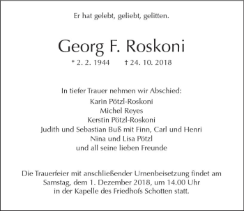 Traueranzeige von Georg F. Roskoni von  Kreisanzeiger