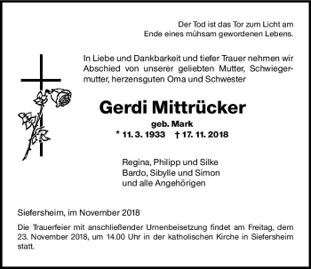Traueranzeige von Gerdi Mittrücker von vrm-trauer