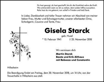 Traueranzeige von Gisela Starck von vrm-trauer