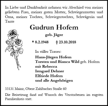 Traueranzeige von Gudrun Hofem von vrm-trauer