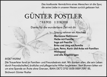 Traueranzeige von Günter Postler von vrm-trauer
