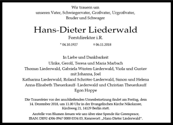 Traueranzeige von Hans-Dieter Liederwald von vrm-trauer