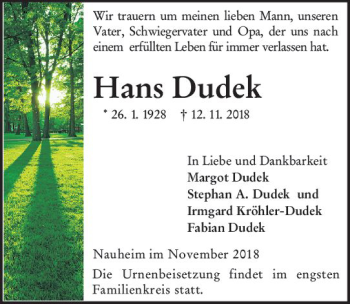 Traueranzeige von Hans Dudek von vrm-trauer