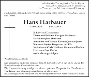 Traueranzeige von Hans Harbauer von vrm-trauer