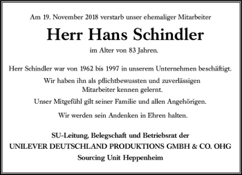 Traueranzeige von Hans Schindler von vrm-trauer