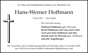 Traueranzeige von Hans-Werner Hoffmann von vrm-trauer