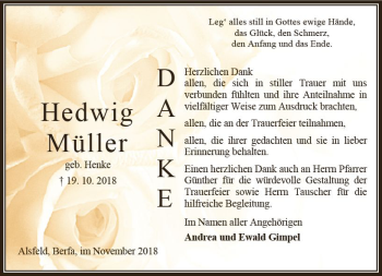 Traueranzeige von Hedwig Müller von VRM Trauer