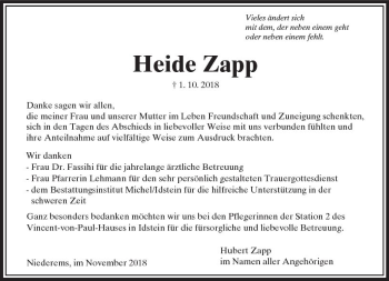 Traueranzeige von Heide Zapp von  Camberger Anzeiger