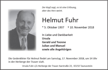 Traueranzeige von Helmut Fuhr von vrm-trauer