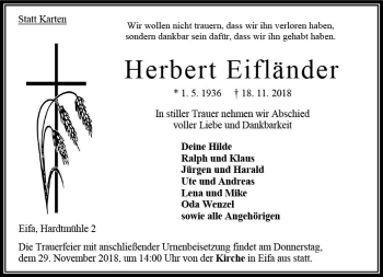 Traueranzeige von Herbert Eifländer von VRM Trauer